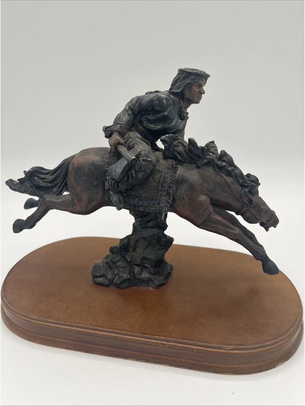Vintage Native American Indian, On Galloping Horse, Very Detailed Wooden Statue.